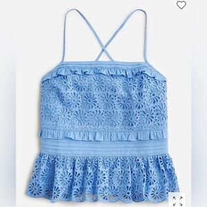Cross-back smocked-waist eyelet top